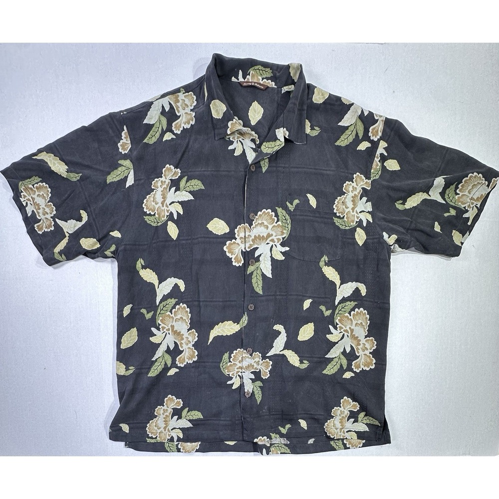 Tommy Bahama Men's Silk Hawaiian Shirt XL Black Beige Floral Camp Button Front